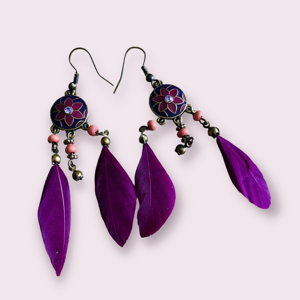Bohemian hippie brass purple feathers earrings